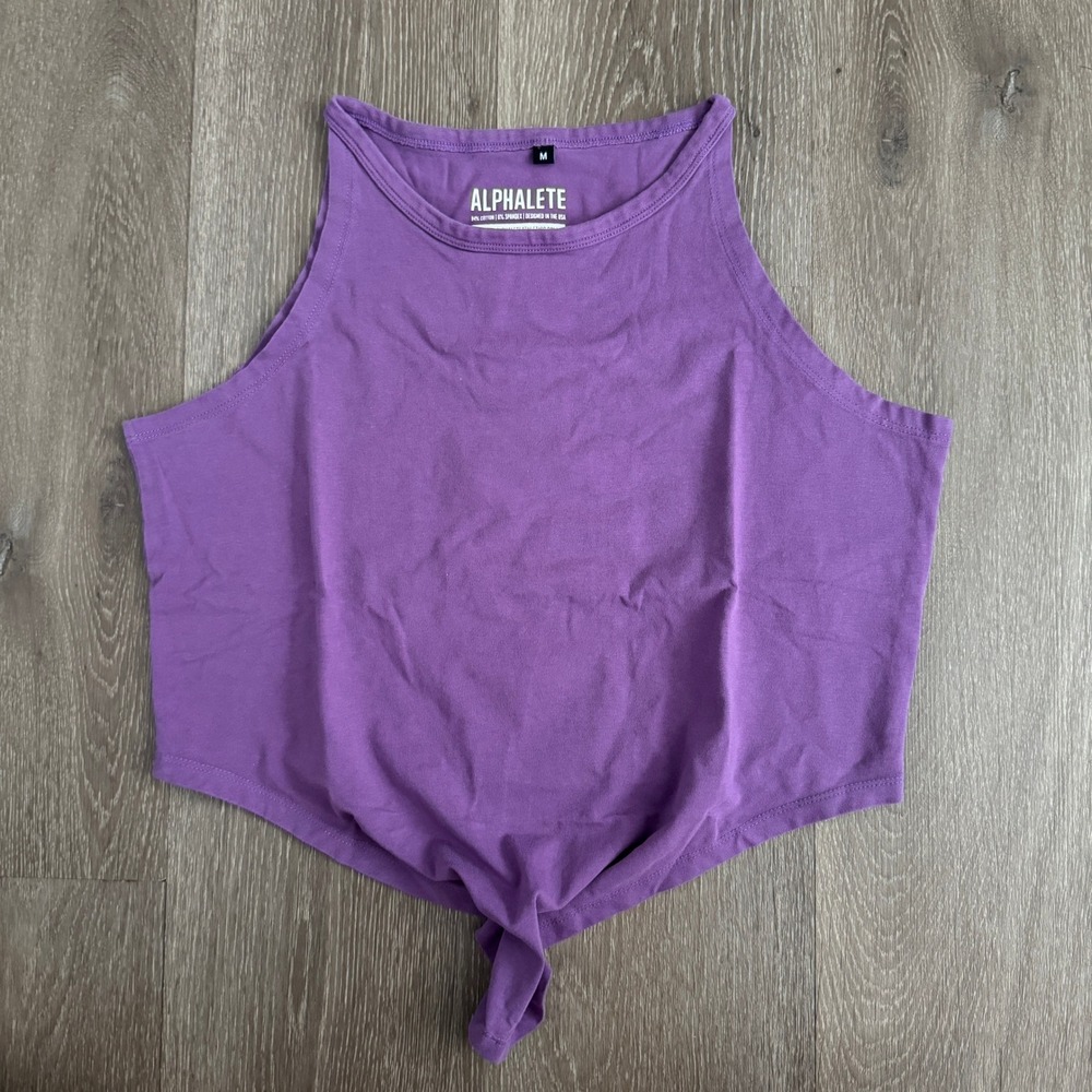 Alphalete Athletics Womens Purple Tie Front Crop Top Sleeveless Logo Gym Tank M